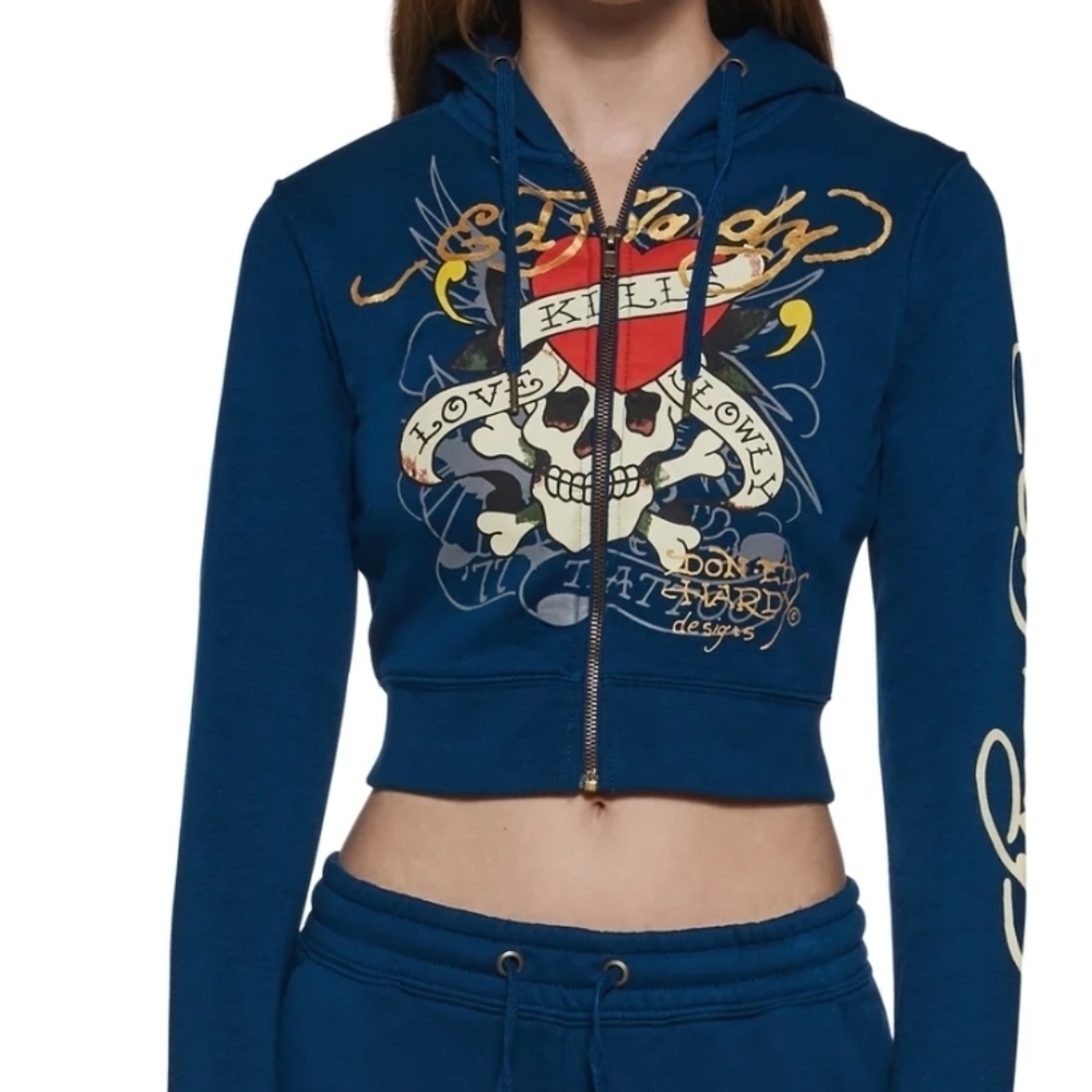Ed Hardy Blue Zip Up Love Kills Slowly Cropped Hoodie Size Medium NWT Y2K